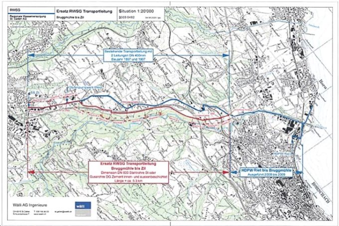 Die neue Ersatzleitung (rot) sichert die Trinkwasserversorgung der Stadt St. Gallen.